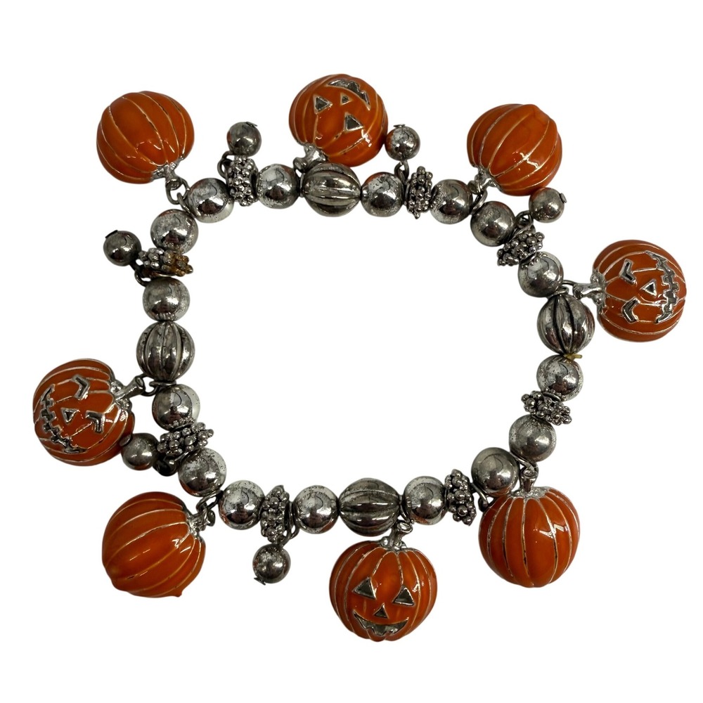 Y2K Halloween Pumpkin Jack O Lantern Silver Tone Enamel Stretch Charm Bracelet